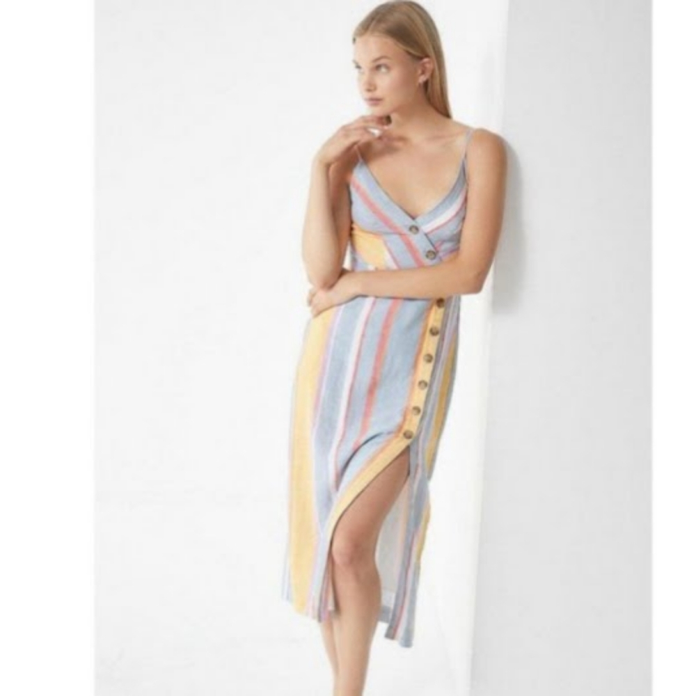 Urban Outfitters Amber Stripped Linen Midi Dress | Multi-Colored | Size XS